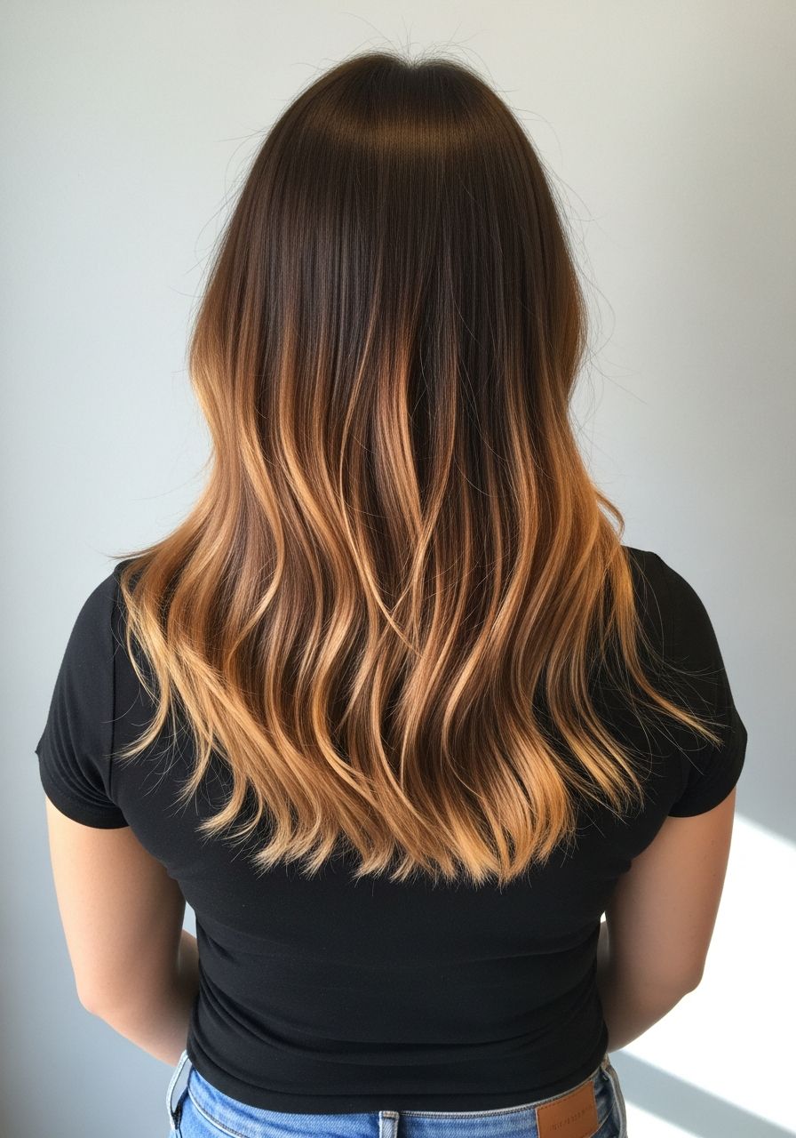 Balayage Eton, after reference, dark to bronde balayage with honey caramel ends and Hollywood waves, illustrative example for Angels House Eton, Eton near Windsor