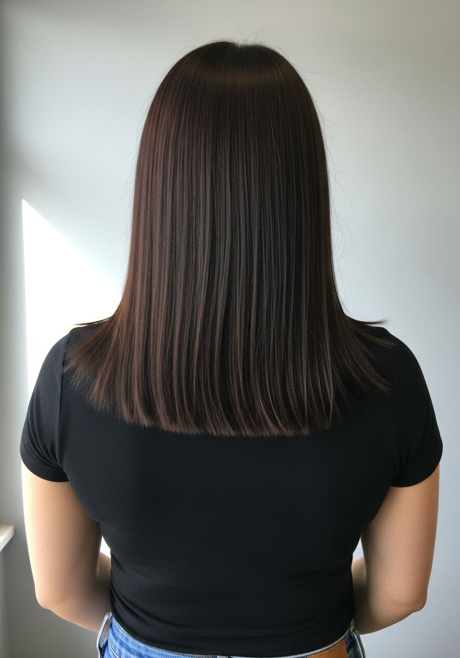 Balayage Eton, before reference, flat solid dark brunette mid-length hair, illustrative example for Angels House Eton, Eton near Windsor