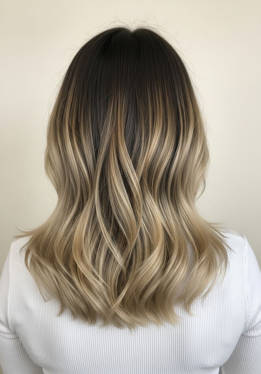 Balayage Windsor, back-of-head after reference, expensive lived-in balayage with deep brunette root melt fading through honey caramel ribbons into soft cream blonde ends, illustrative example for Angels House Eton, Eton near Windsor