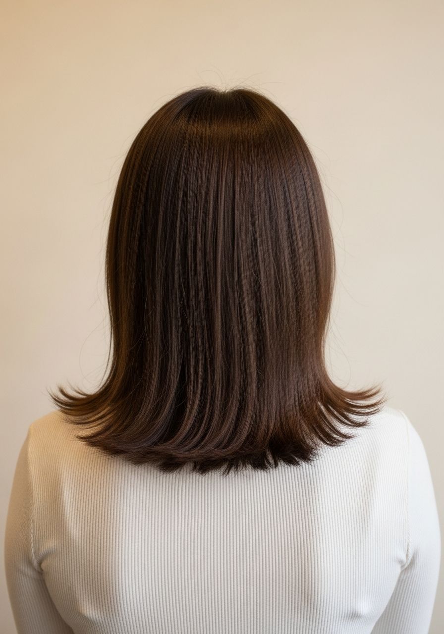 Balayage Windsor, back-of-head before reference, mid-back length flat one-tone medium-brown hair with no highlights, illustrative example for Angels House Eton, Eton near Windsor Balayage Windsor, back-of-head before reference, mid-back length flat one-tone medium-brown hair with no highlights, illustrative example for Angels House Eton, Eton near Windsor