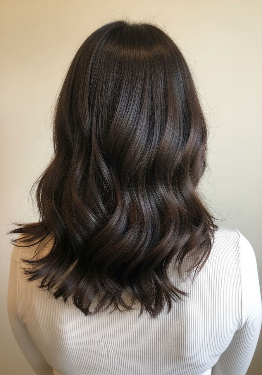 Brunette colour Eton, back-of-head after reference, freshly coloured rich true cool chocolate brunette with subtle multi-tonal ribbons and natural mirror shine, no red copper or auburn cast, illustrative example for Angels House Eton, Eton near Windsor