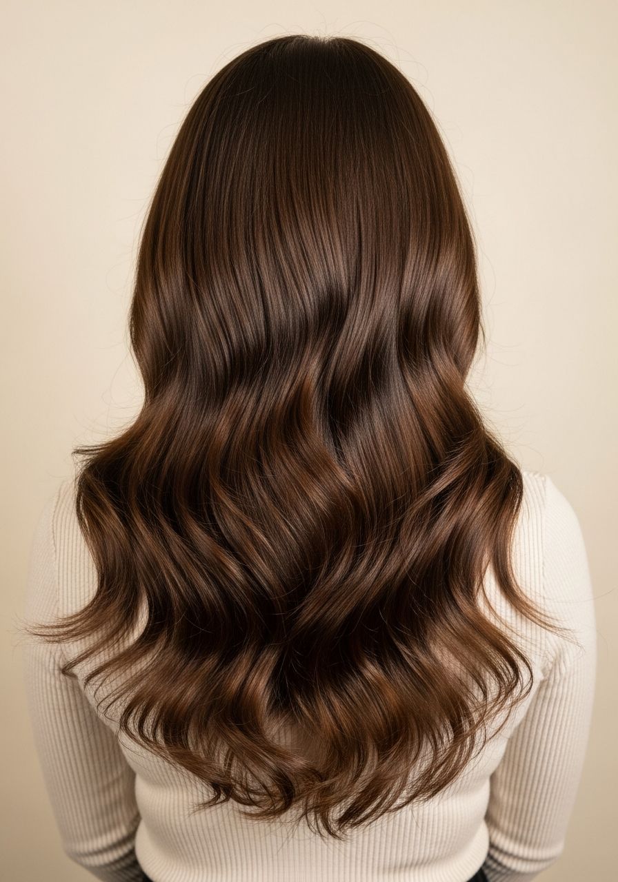 Hair extensions Eton, back-of-head after reference, very long thick voluminous medium-brown hair with seamless 20 inch tape-in extensions and soft waves, illustrative example for Angels House Eton, Eton near Windsor