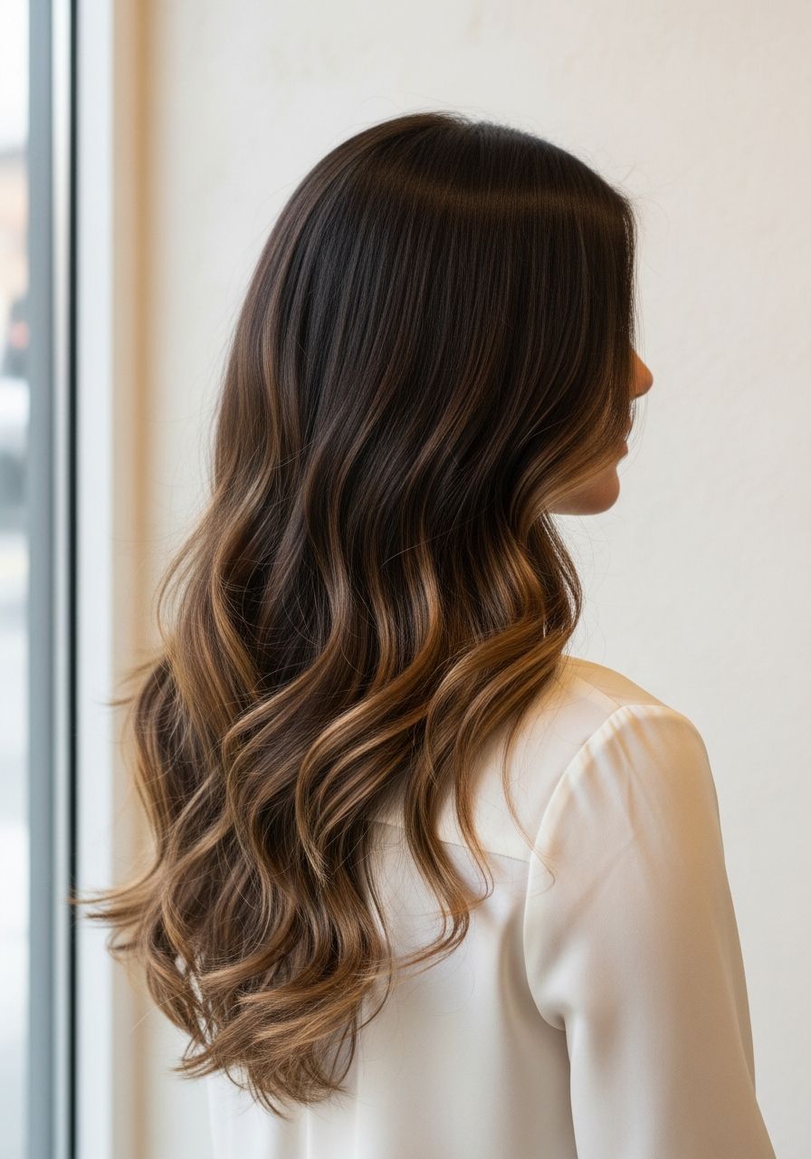 Rich chocolate brunette balayage with subtle softer brown ribbons and mirror shine, by Angels House Eton in Eton near Windsor Rich chocolate brunette balayage with subtle softer brown ribbons and mirror shine, by Angels House Eton in Eton near Windsor