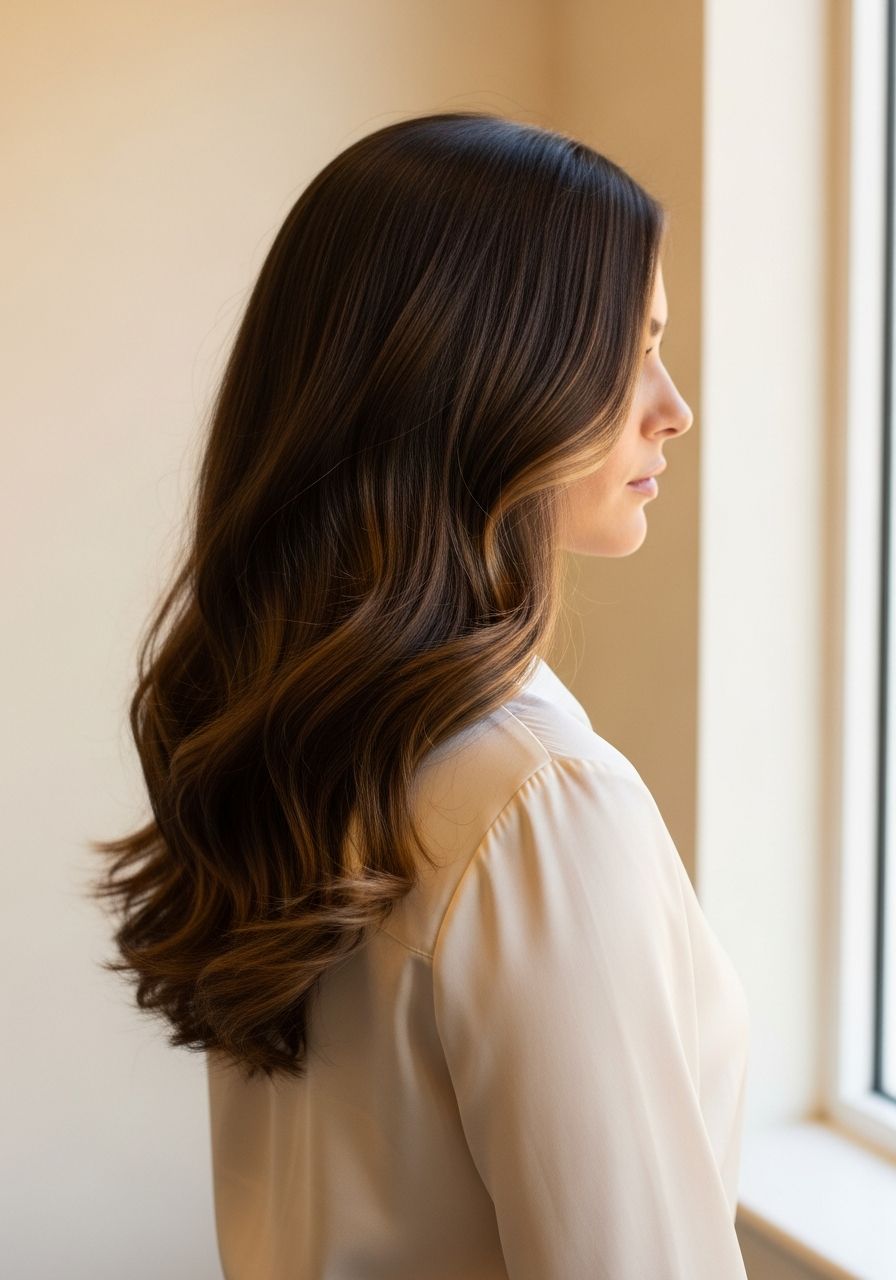 Medium-dark chocolate brunette balayage with multi-tonal brown ribbons and Hollywood waves, by Angels House Eton in Eton near Windsor Medium-dark chocolate brunette balayage with multi-tonal brown ribbons and Hollywood waves, by Angels House Eton in Eton near Windsor